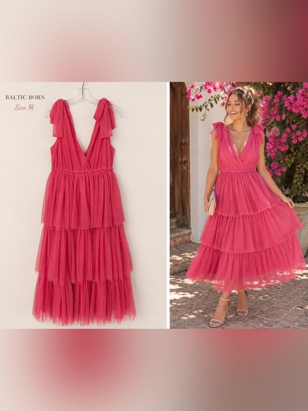 Baltic Born Pink Tiered Tulle Maxi Dress with Bow Straps - Romantic Formal Dress - Picture 3 of 6